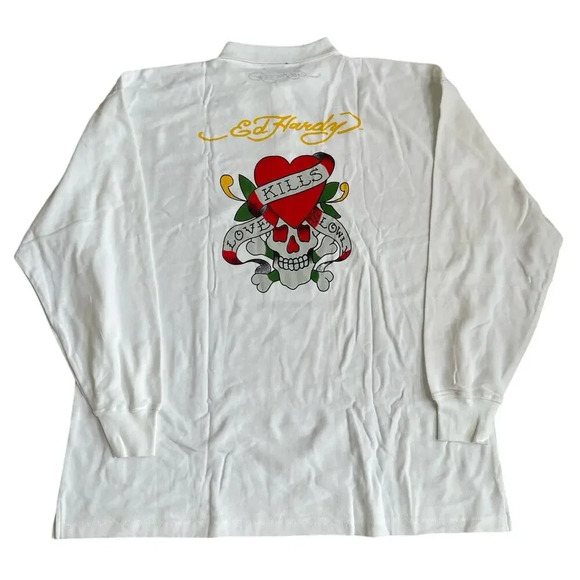 Ed Hardy Men's Y2K Graphic Love Kills Collared Long Sleeve Polo Shirt Sz 3XL NWT - Picture 2 of 11